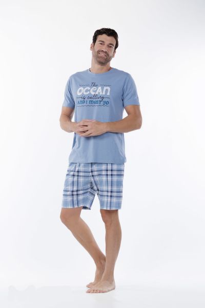Εικόνα της Mei Βαμβακερή Γαλάζια/Καρό Ανδρική Πιτζάμα Με Σορτς.