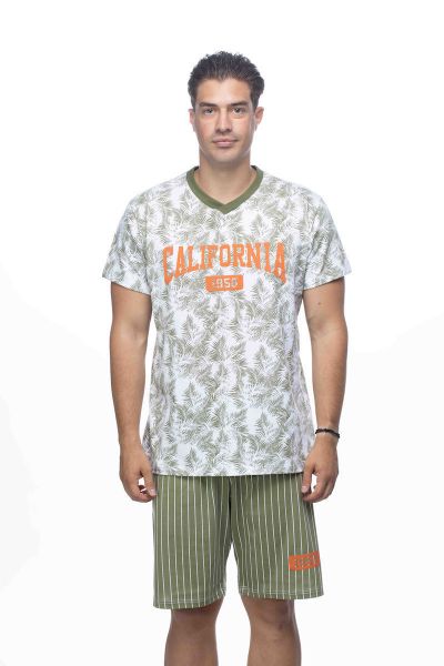 Εικόνα της Galaxy Βαμβακερή Λαδί Ανδρική Πιτζάμα Εμπριμέ Με Ριγέ Σορτς.