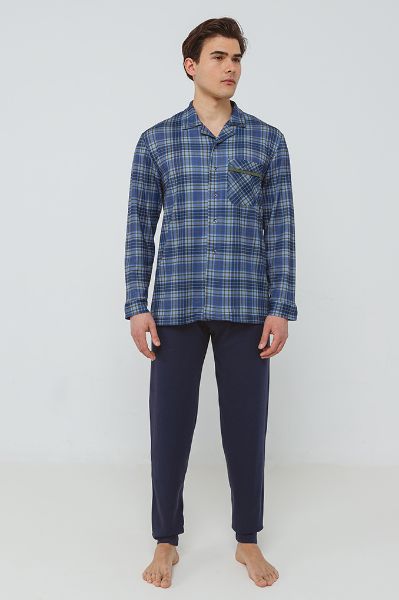 Εικόνα της Γιώτα Μπλε Βαμβακερή Κουμπωτή Ανδρική Πιτζάμα.