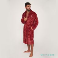 Εικόνα της Muydemi κόκκινη καρό fleece μακριά σταυρωτή ανδρική πιτζάμα.