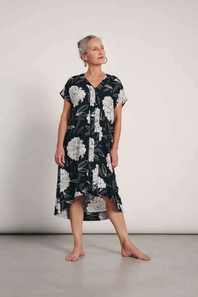 Εικόνα της Muydemi Viscose Μαύρο Εμπριμέ Κοντομάνικο Φόρεμα.