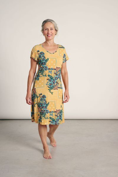 Εικόνα της Muydemi Rayon Κίτρινο Κοντομάνικο Φόρεμα Εμπριμέ.