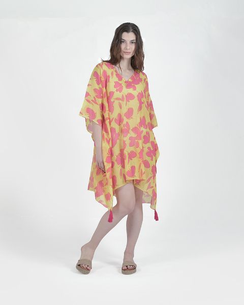 Εικόνα της Ble Resort Collection Βαμβακερό Καφτάνι Κίτρινο/Φούξια Με Λουλούδια.