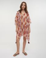 Εικόνα της Ble Resort Collection Βαμβακερό Καφτάνι Σομόν/Καφέ Με Φύλλα.