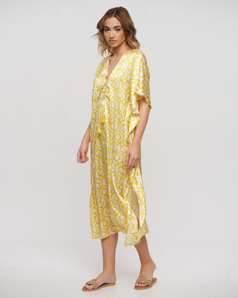 Εικόνα της Ble Resort Collection One Size 100% Γυναικείο Μακρύ Καφτάνι Παραλίας Λευκο/κιτρινο 5-41-014-0021