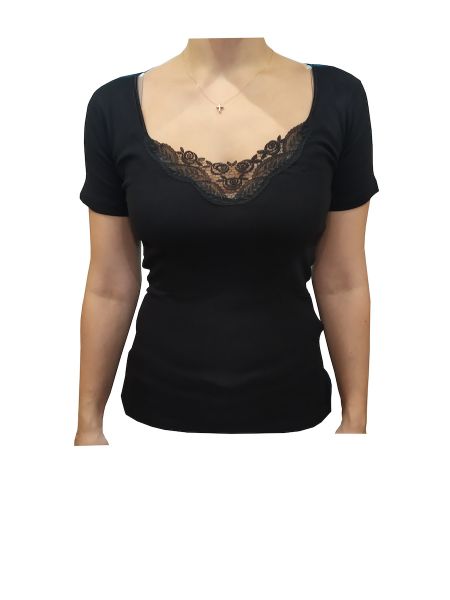 Εικόνα της Dreams μαύρο γυναικείο φανελάκι με κοντό μανίκι και δαντέλα.