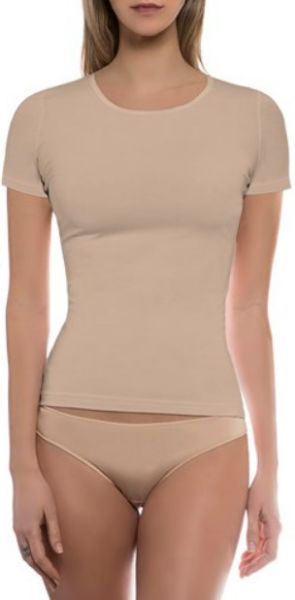 Εικόνα της Μπεζ γυναικείο τοπ με κοντό μανίκι από 95% Bamboo - 5% Elastane.