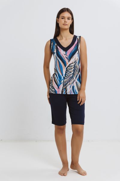 Εικόνα της Giota Βαμβακερή Μπλε Αμάνικη Πιτζάμα Εμπριμέ Με Κάπρι.