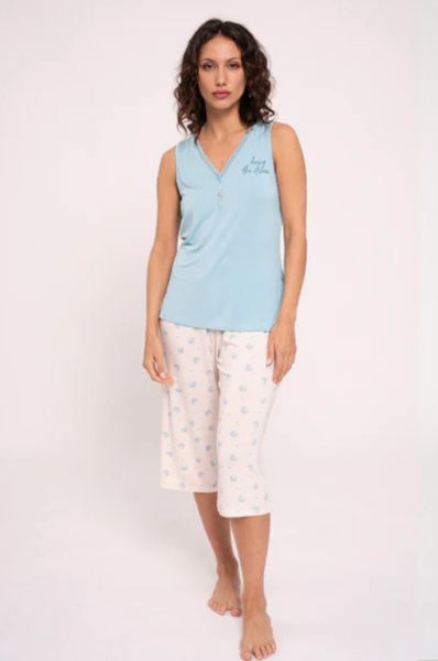 Εικόνα της Muydemi Viscose Αμάνική Γαλάζια/Εκρού Γυναικεία Πιτζάμα Με Εμπριμέ Κάπρι.