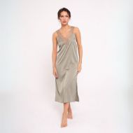 Εικόνα της Muydemi Σατέν Λαδί Midi Νυχτικό Με Δαντέλα.