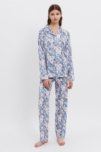 Εικόνα της Γιώτα Σατέν Γυναικεία Πιτζάμα Φλοράλ Σιέλ.
