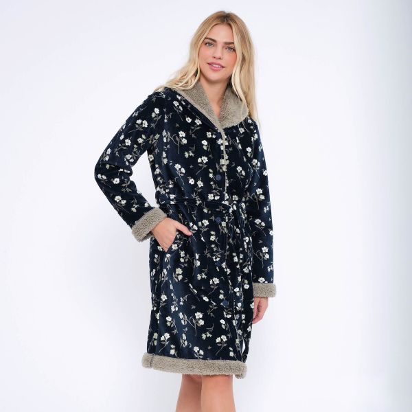 Εικόνα της Muydemi Μπλε Φλοράλ Fleece Γυναικεία Κουμπωτή Ρόμπα.