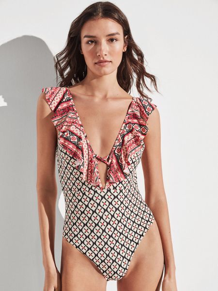 Εικόνα της Gisela Εκρού Εμπριμέ Ολόσωμο Μαγιό Με Βολάν.