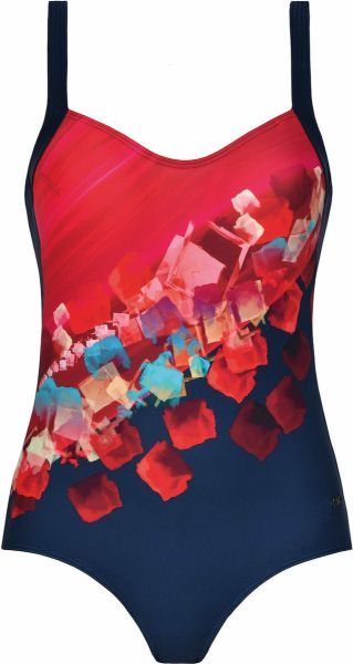 Εικόνα της Naturana quick dry ολόσωμο μπλε σκούρο μαγιό με πολύχρωμο σχέδιο μπροστά.