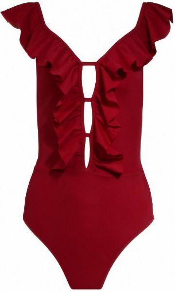 Εικόνα της Γυναικείο ολόσωμο μαγιό μπορντό με ανοίγματα και βολάν.