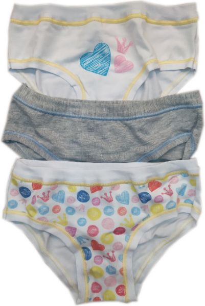 Εικόνα της 3 ΤΕΜΑΧΙΑ παιδικά κοριτσίστικα εσώρουχα με σχέδια (93%Βαμβάκι-7%Elastane). Δύο λευκά και ένα γκρι μονόχρωμο.