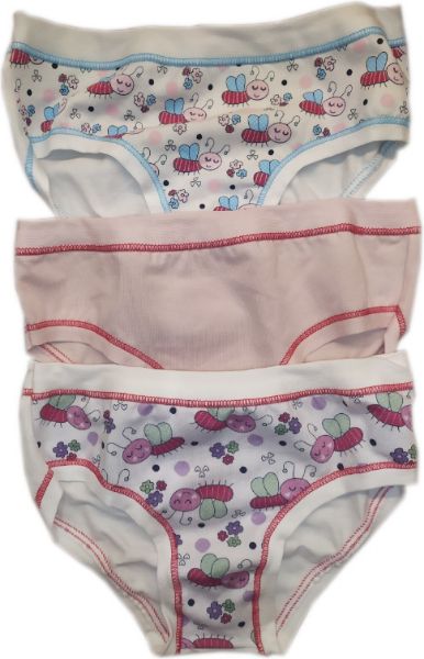 Εικόνα της 3 ΤΕΜΑΧΙΑ παιδικά κοριτσίστικα εσώρουχα (93%Βαμβάκι-7%Elastane). Ένα μονόχρωμο ροζ και δύο λευκά εμπριμέ.