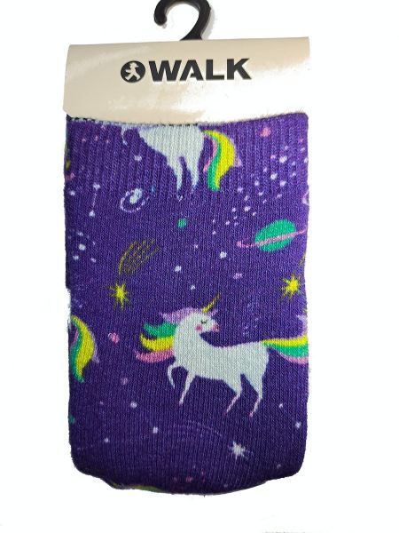 Εικόνα της Walk πετσετέ μωβ παιδικές κάλτσες με πατουσάκια σιλικόνης και σχέδιο μονόκερος.
