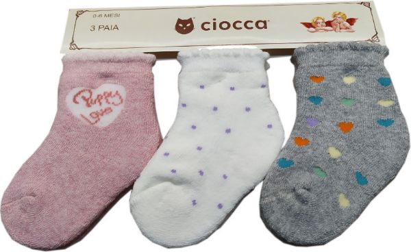 Εικόνα της 3 ΤΕΜΑΧΙΑ Βρεφικές κάλτσες κοριτσίστικες με σχέδια. Ροζ/Ζαχαρί/Γκρι. Πετσετέ εσωτερικά. (88%Βαμβάκι-11%Polyamid-1%Elastan)
