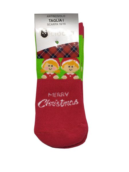 Εικόνα της Ciocca κόκκινη/λαχανί κάλτσα "Merry Christmas", με πατουσάκια σιλικόνης.