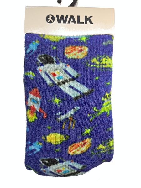 Εικόνα της Walk πετσετέ μπλε παιδικές κάλτσες με πατουσάκια σιλικόνης και σχέδιο διάστημα.