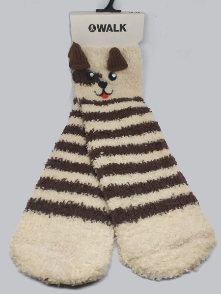 Εικόνα της Walk φλις χνουδωτές μπεζ ριγέ παιδικές κάλτσες με πατουσάκια σιλικόνης.