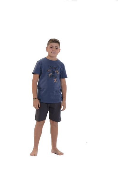 Εικόνα της Mei βαμβακερή μπλε/ανθρακί παιδική πιτζάμα κοντό μανίκι/βερμούδα.