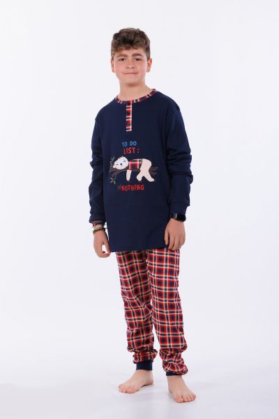 Εικόνα της Mei βαμβακερή μπλε/καρό παιδική πιτζάμα με βραδύποδα.