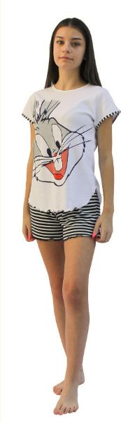 Εικόνα της Παιδική κοριτσίστικη πιτζάμα από 100% βαμβάκι. Λευκή μπλούζα με στάμπα. Ριγέ άσπρο/μπλε σορτς.