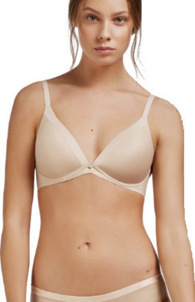 Εικόνα της Μπεζ γυναικείο σουτιέν τριγωνάκι χωρίς μπανέλα, με ελαφριά επένδυση. Επιπλέον κλιπς στις ράντες,για να γίνονται χιαστί.