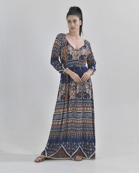 Εικόνα της Γυναικείο μακρύ καφτάνι μπλε /μπεζ.