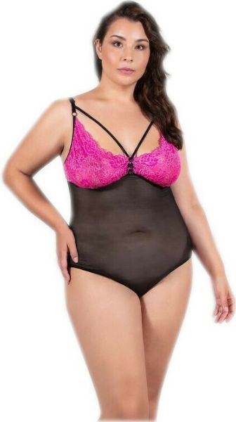 Εικόνα της Plus size κορμάκι μύρο με φούξια δαντέλα.