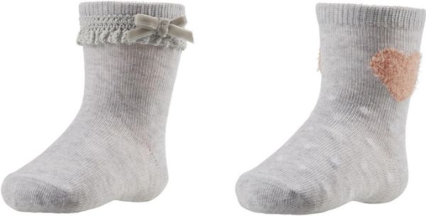 Εικόνα της 2 ΖΕΥΓΗ βρεφικές κοριτσίστικες γκρι κάλτσες. Μονόχρωμες με δαντέλα & πουά με σομόν καρδιά. (73% Βαμβάκι-25%Polyester-2%Elastane)