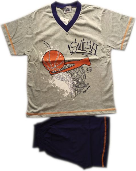 Εικόνα της Παιδική αγορίστικη πιτζάμα. Γκρι μπλούζα με κοντό μανίκι και στάμπα. Μπλε σορτς.