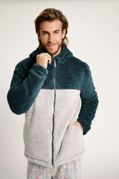 Εικόνα της Muydemi Γκρι/Πετρόλ Fleece Κοντή Ανδρική Ρόμπα Με Φερμουάρ.