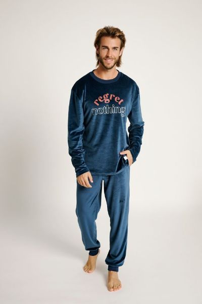 Εικόνα της Muydemi Βελούδινη Ελαστική Μπλε Ανδρική Πιτζάμα.