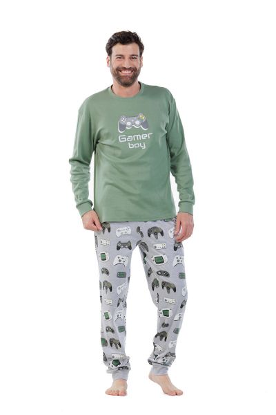 Εικόνα της Mei Βαμβακερές Ανδρικές Πιτζάμες Πράσινες/Γκρι.