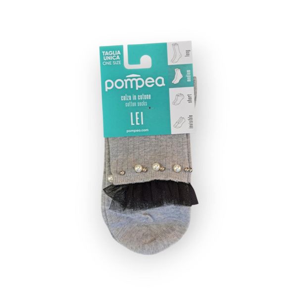Εικόνα της Pompea Βαμβακερές Γκρι Γυναικείες Κάλτσες Με Τούλι & Πέρλες.