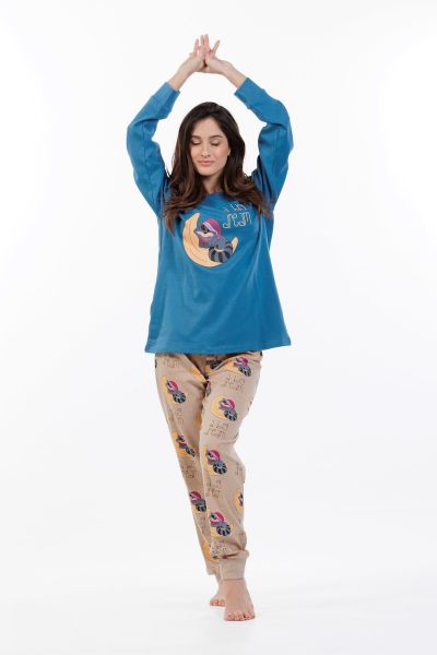 Εικόνα της Mei Βαμβακερές Γυναικείες Πιτζάμες Πετρόλ/Μπεζ.