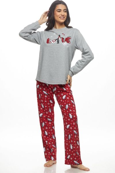 Εικόνα της Galaxy Φούτερ Βαμβακερή Γυναικεία Πιτζάμα Γκρι/Κόκκινη.