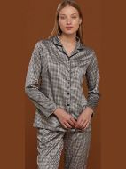 Εικόνα της Noidinotte μπεζ/μαύρη πιε ντε πουλ σατέν γυναικεία κουμπωτή πιτζάμα.