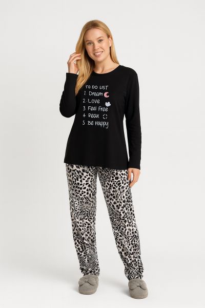 Εικόνα της Relax Lingerie Χειμερινό Γυναικείο Σετ Πιτζάμας Βαμβακερό Μαύρο 3225019