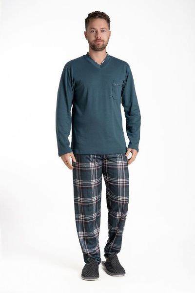 Εικόνα της Relax Πετρόλ Βαμβακερή Ανδρική Πιτζάμα Καρό.