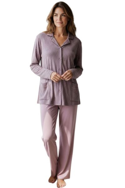 Εικόνα της Passion Βαμβακερή Κουμπωτή Γυναικεία Πιτζάμα Βιολετί/Ροζ Πουά.