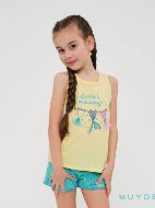 Εικόνα της Muydemi βαμβακερή κίτρινη/τιρκουάζ κοριτσίστικη αμάνικη πιτζάμα με εμπριμέ σορτς.