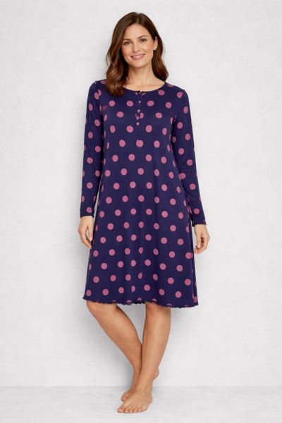 Εικόνα της Zen Βαμβακερό Μπλε Πουά Νυχτικό Με 4 Κουμπιά.