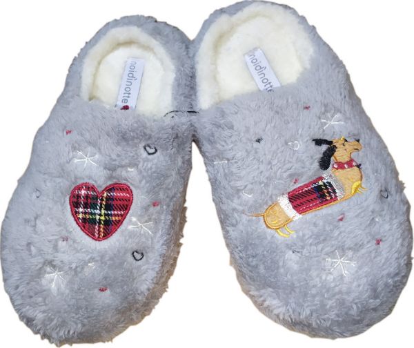 Εικόνα της Παιδικές παντόφλες φλις. Γκρι με κέντημα "καρδιά" & "σκυλάκι".