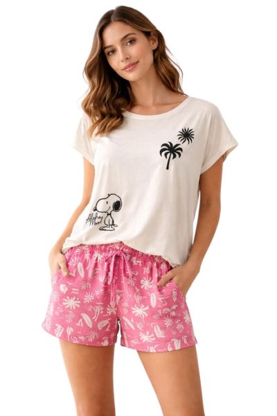 Εικόνα της Gisela Peanuts Βαμβακερές Γυναικείες Πιτζάμες Λευκό/Φούξια Εμπριμέ Σορτς.