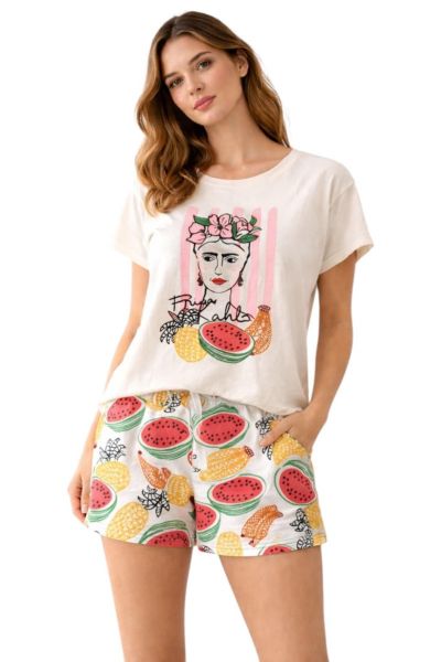 Εικόνα της Gisela Frida Kahlo Βαμβακερή Γυναικεία Πιτζάμα Λευκή/Εμπριμέ.