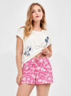 Εικόνα της Gisela Peanuts Βαμβακερές Γυναικείες Πιτζάμες Λευκό/Φούξια Εμπριμέ Σορτς.